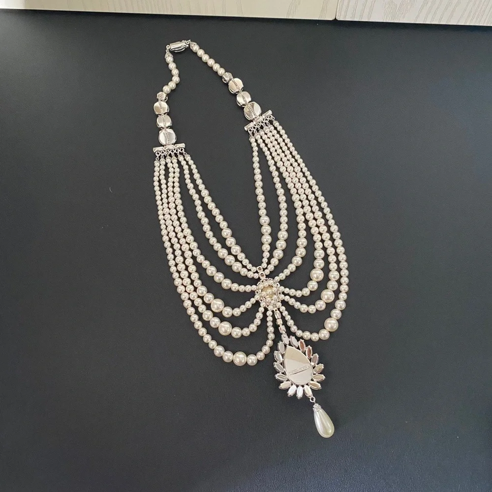 Alessandra Rich Ivory Pearl Multi-Strand Necklace with Crystal Drop